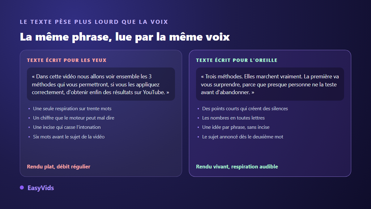 Comparaison entre un texte de voix off écrit pour les yeux et le même texte réécrit pour l'oreille