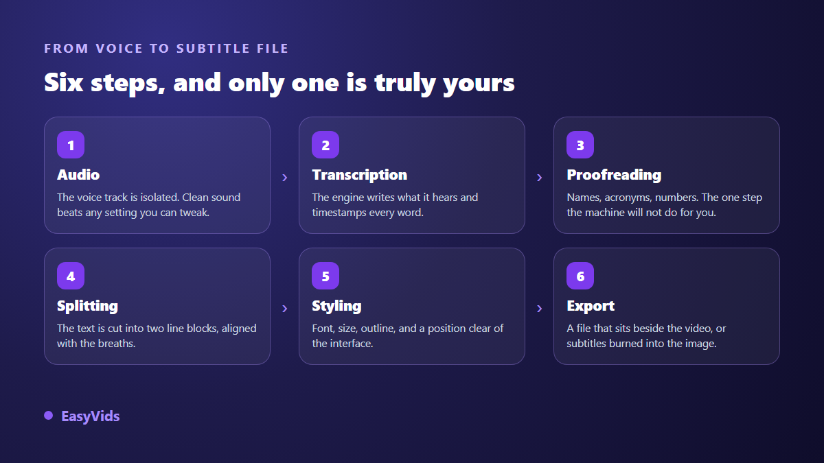 The six steps of auto subtitling: audio, transcription, review, splitting, styling and export of the subtitle file