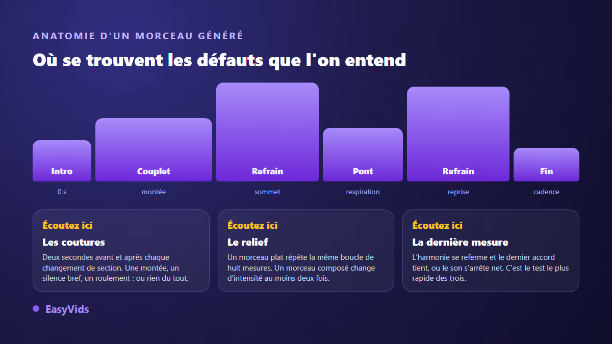 Anatomie d'un morceau généré par IA : intro, couplet, refrain, pont, fin, avec les trois endroits où écouter les défauts