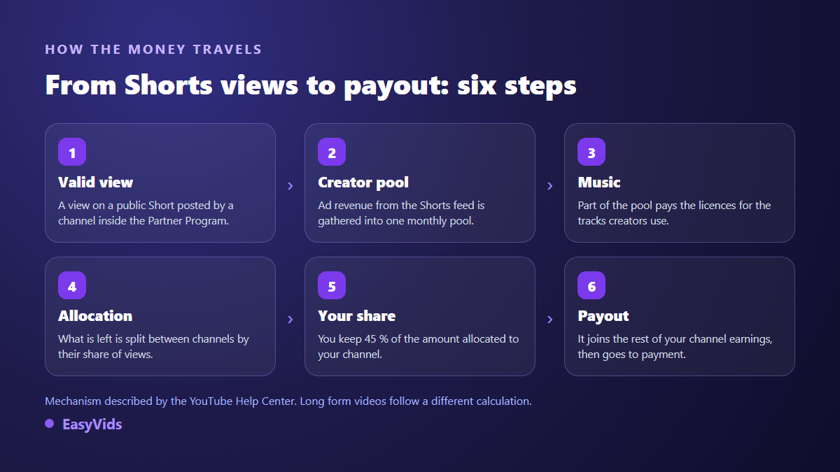 How YouTube Shorts revenue flows: valid view, creator pool, music licensing, allocation by view share, creator share, payout