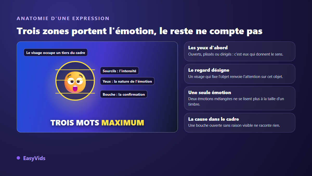 Anatomie d'une expression de visage sur une miniature YouTube : les sourcils portent l'intensité, les yeux la nature de l'émotion, la bouche la confirmation