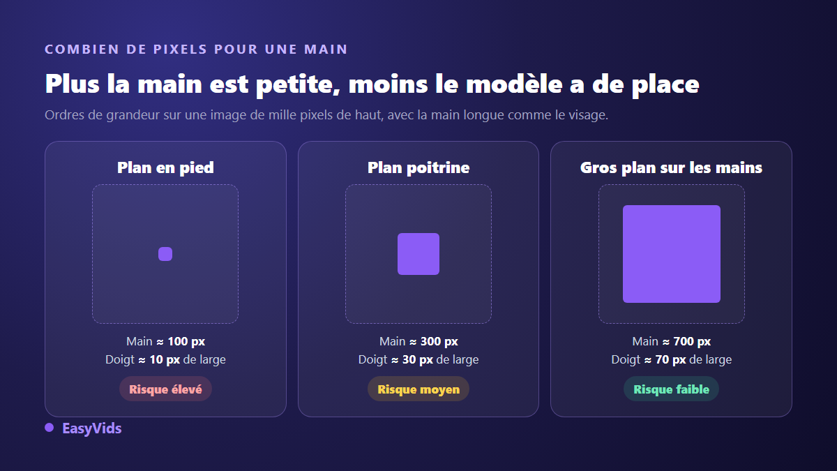 Comparaison de la taille d'une main en pixels selon le cadrage : plan en pied, plan poitrine et gros plan sur les mains