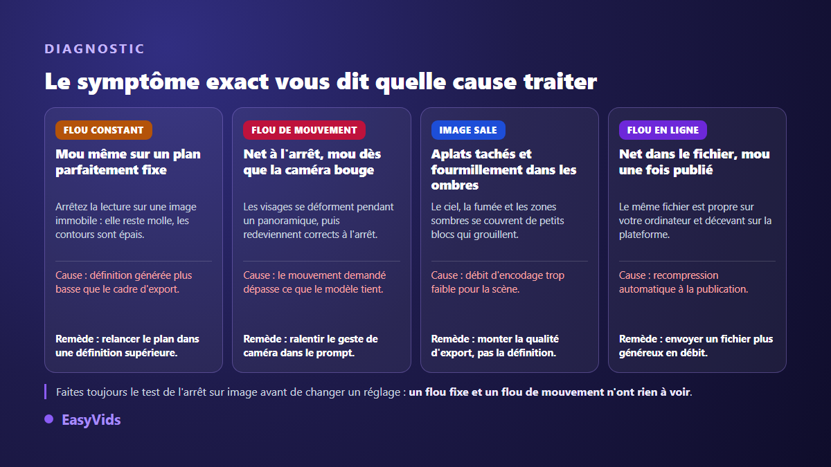 Grille de diagnostic d'une vidéo IA floue : flou constant, flou de mouvement, image sale et flou apparu après publication