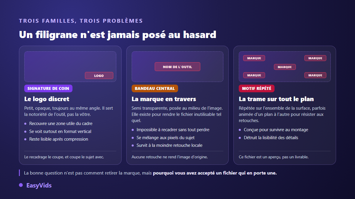 Trois familles de filigranes sur une vidéo IA : logo de coin, bandeau central et motif répété sur toute l'image