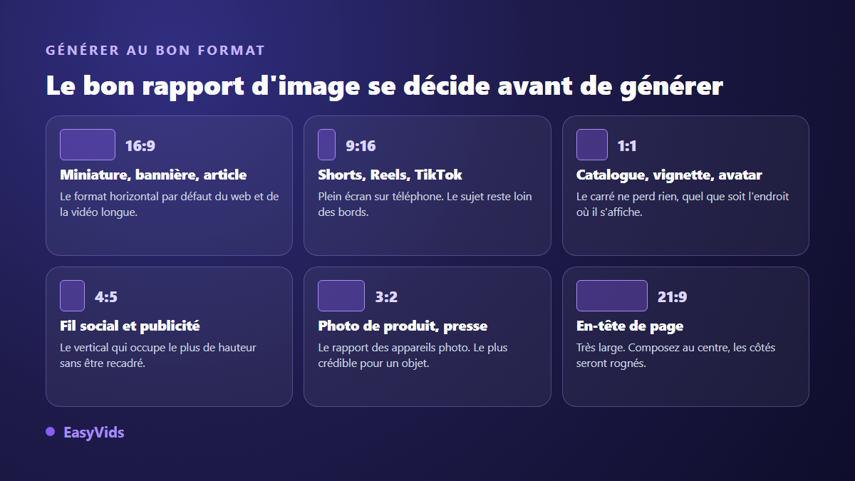 Formats d'images générées par IA selon l'usage : 16:9, 9:16, 1:1, 4:5, 3:2 et 21:9
