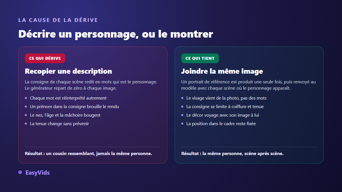 Comparaison entre décrire un personnage par le texte et joindre une image de référence pour garder un visage cohérent en vidéo IA
