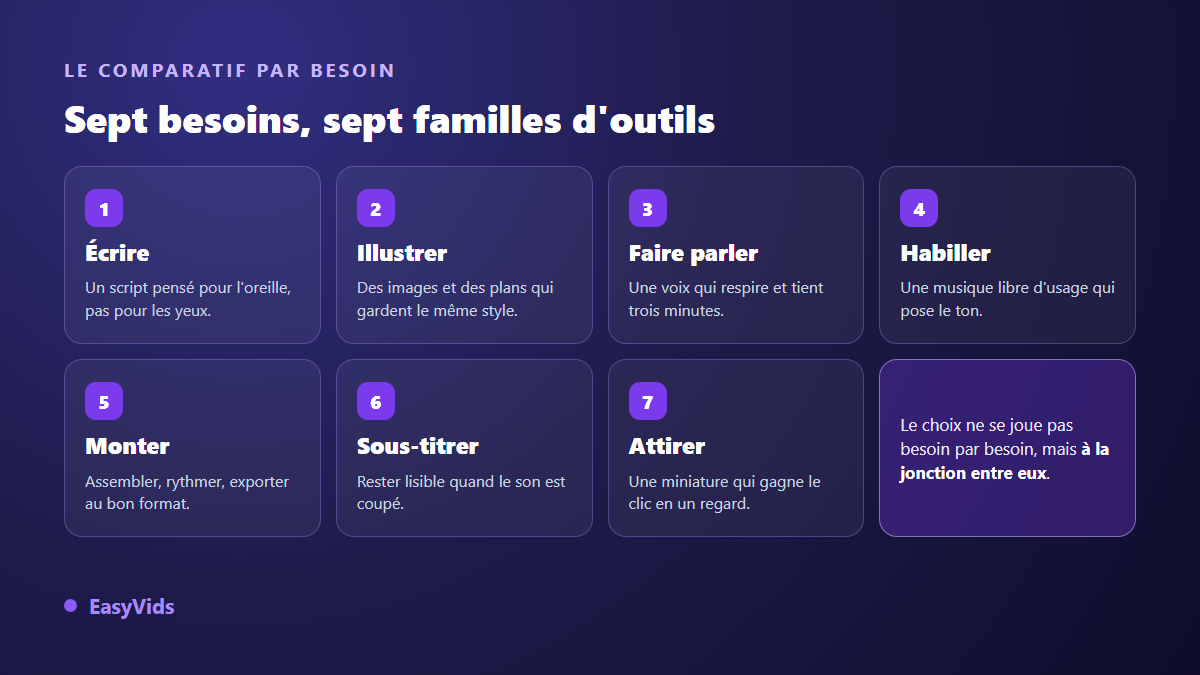 Les sept besoins d'un créateur de contenu servis par des outils IA : écrire, illustrer, faire parler, habiller, monter, sous-titrer, attirer le clic