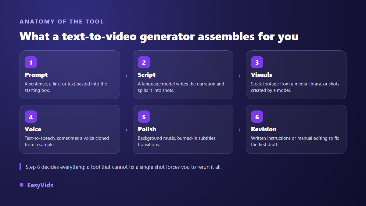The six steps of a text to video generator: prompt, script, images, voice, styling and reworking the first draft