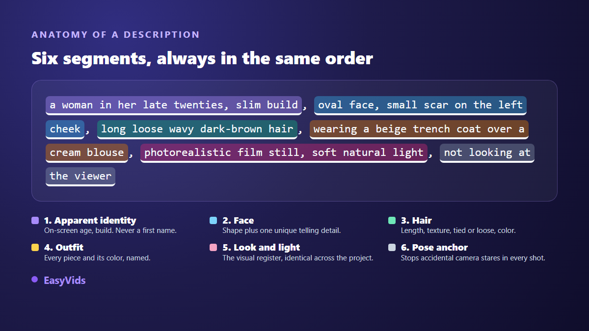 Anatomy of an AI character prompt: apparent identity, face, hair, outfit, rendering and pose anchor highlighted in one English description