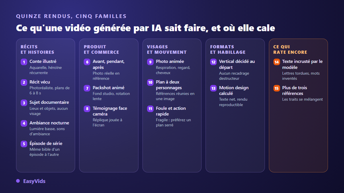 Les quinze exemples de vidéo générée par IA classés en cinq familles : récits, produit, visages, formats et limites