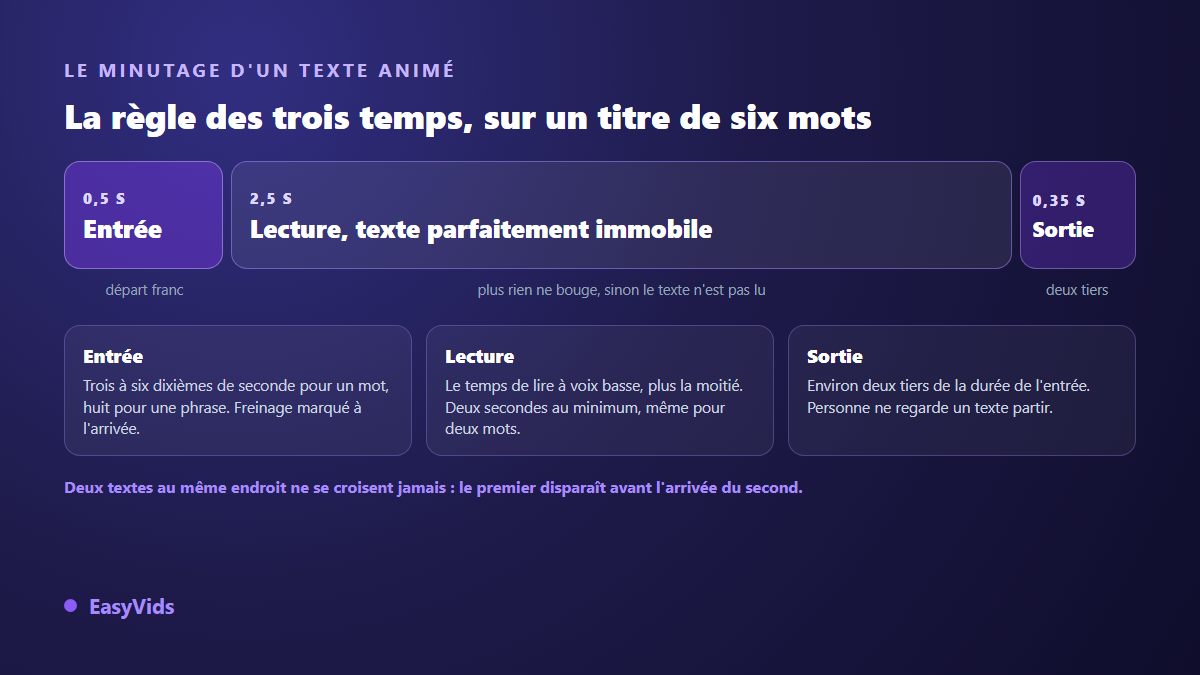 La règle des trois temps d'un texte animé : entrée courte, temps de lecture immobile, sortie plus rapide que l'entrée