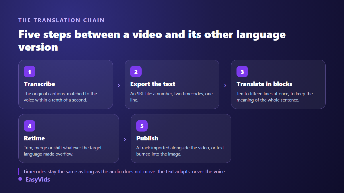 The five steps to translate subtitles: transcribe, export the file, translate in blocks, reflow the cues, publish