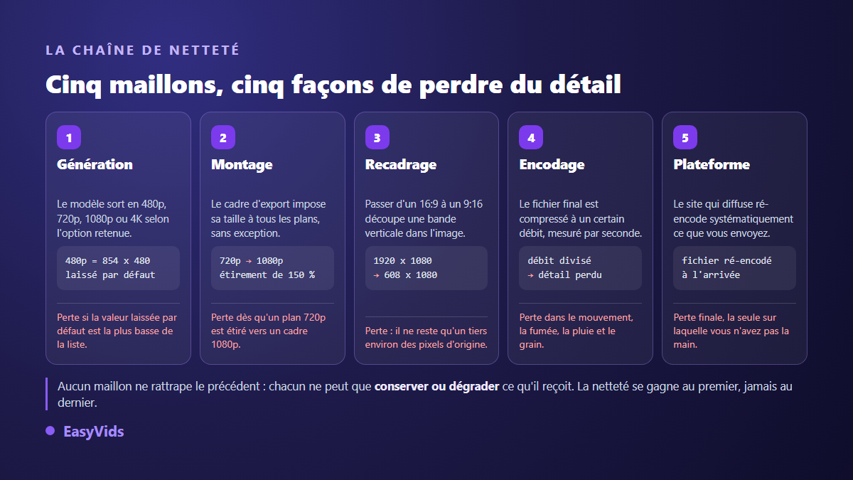 Les cinq maillons où une vidéo IA perd en netteté : génération, montage, recadrage, encodage et recompression par la plateforme