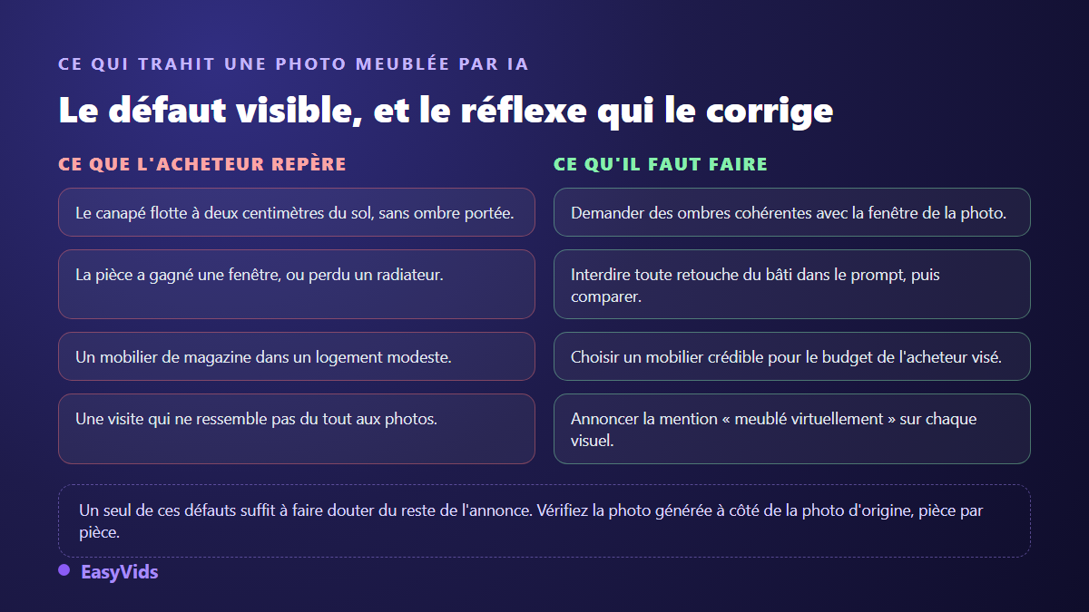 Les défauts typiques d'une photo immobilière meublée par IA et le réflexe correspondant pour les corriger
