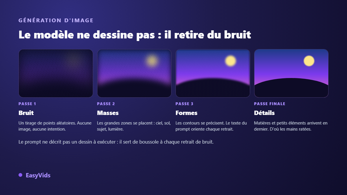 Génération d'image par diffusion : du bruit aléatoire aux détails fins, en quatre passes successives
