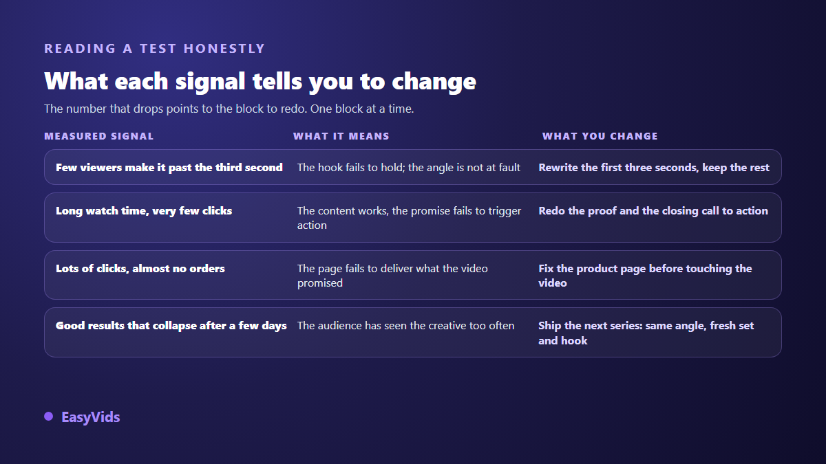 Decision grid for an ad creative test: measured signal, diagnosis and which block of the video to rebuild