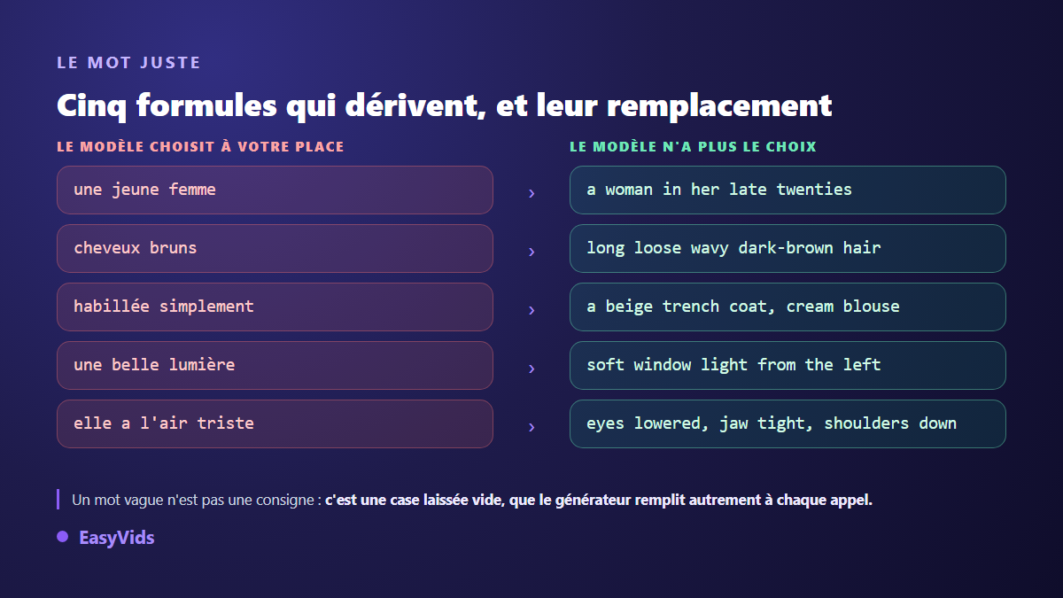 Cinq formulations vagues d'un prompt de personnage IA remplacées par des descriptions précises en anglais