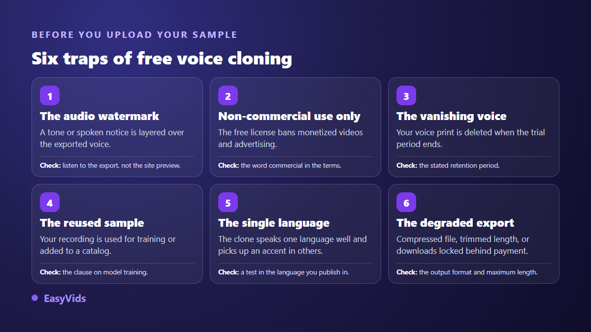 Six traps in free AI voice cloning: audio watermark, non commercial licence, deleted voice, reused sample, single language, degraded export