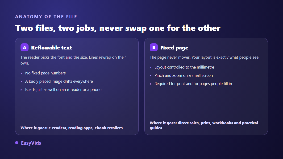 Comparison between a reflowable ebook file and a fixed page file, with where each one belongs