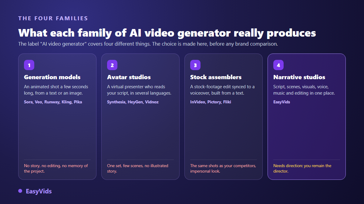 The four families of AI video generators: generation models, avatar studios, stock assemblers and complete narrative studios