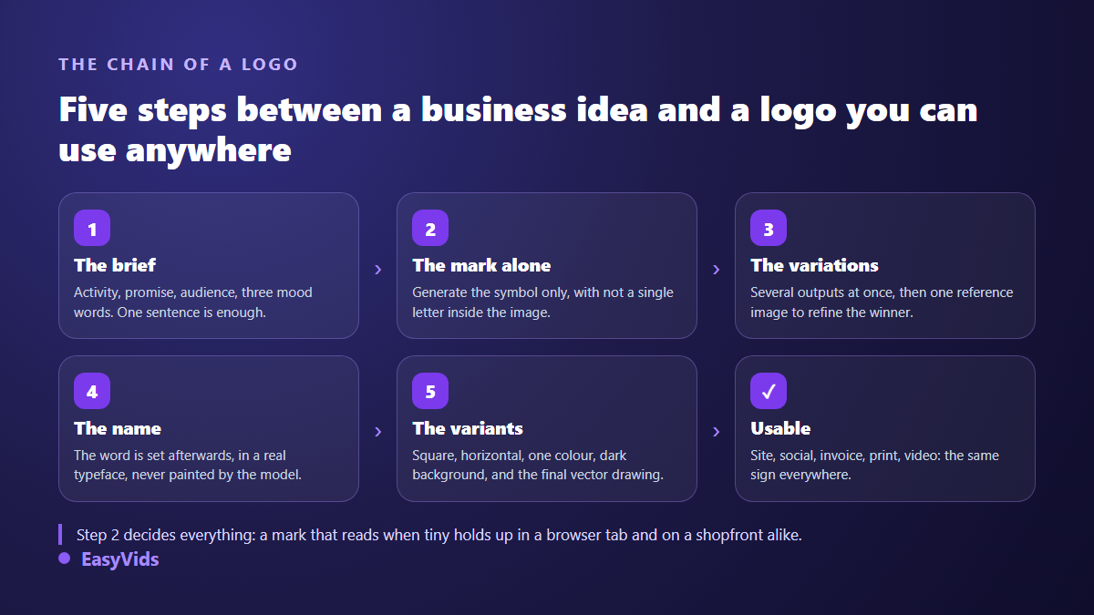 The five steps to create a logo with AI, from the brief to a vector file with all its variants
