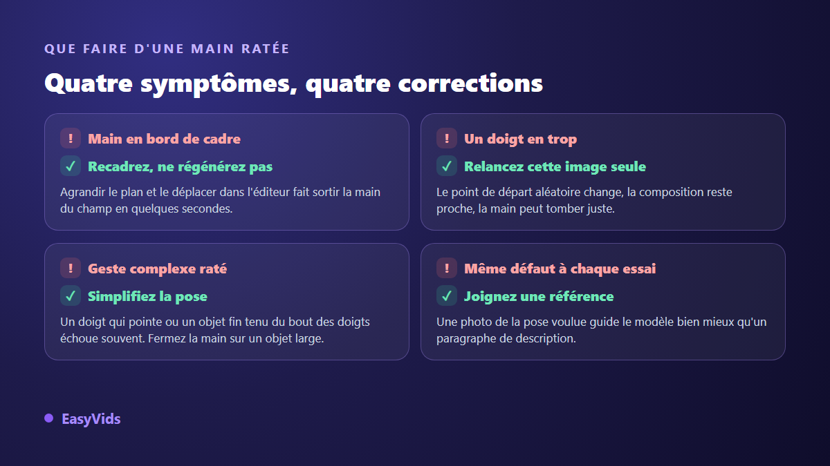 Grille de décision pour corriger une main ratée en image IA : recadrer, relancer la même image, simplifier la pose ou joindre une référence