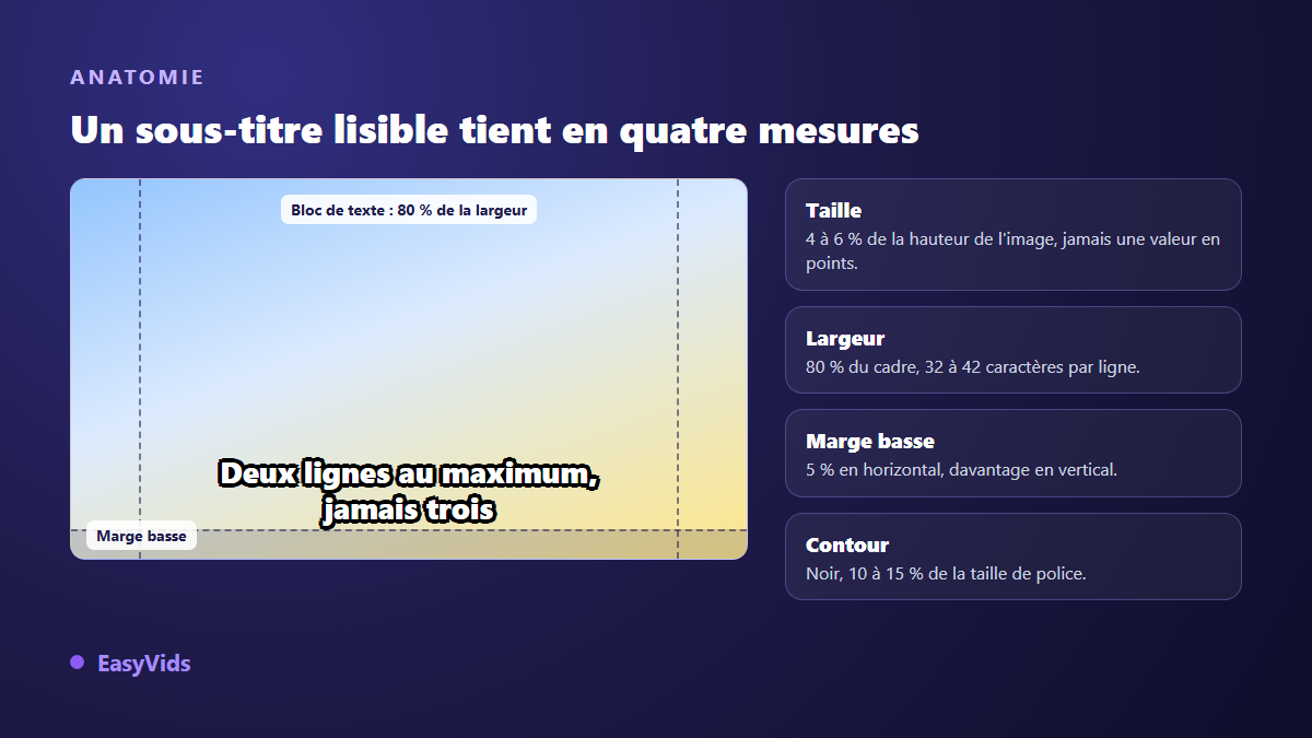 Anatomie d'un sous-titre lisible : taille en pourcentage de la hauteur, largeur du bloc, marge basse et épaisseur du contour