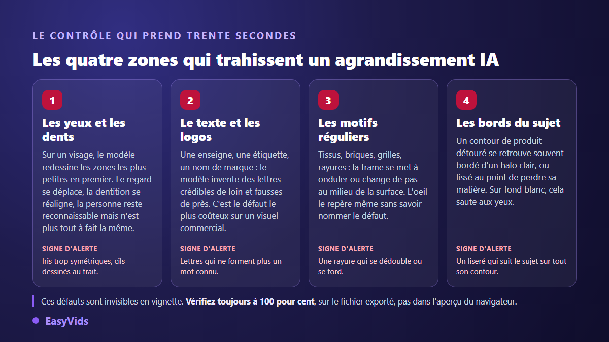 Les quatre zones à vérifier après avoir agrandi une image avec l'IA : yeux et dents, texte et logos, motifs réguliers, bords du sujet