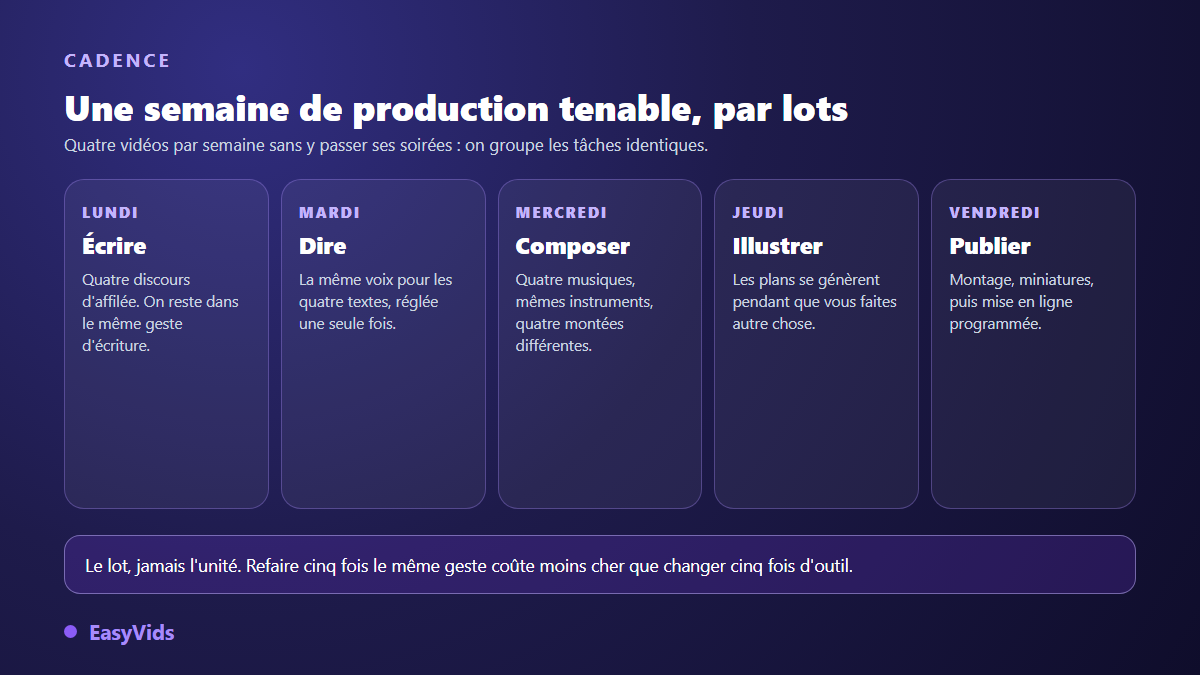 Semaine de production d'une chaîne de motivation organisée par lots, du lundi au vendredi