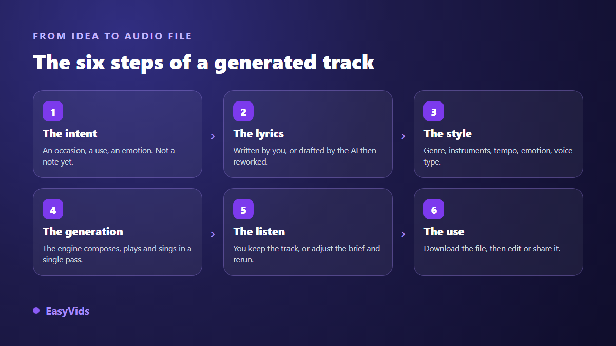 The six steps of AI generated music: intention, lyrics, style, generation, listening and use
