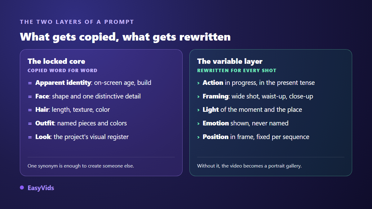 The two layers of an AI character prompt: the frozen core copied word for word and the variable layer rewritten in every shot