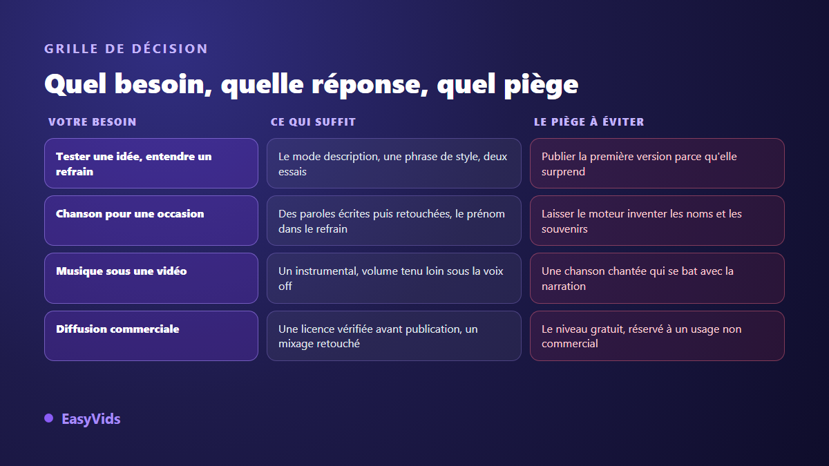 Grille de décision entre un générateur de chanson IA et un studio complet selon le besoin réel du créateur