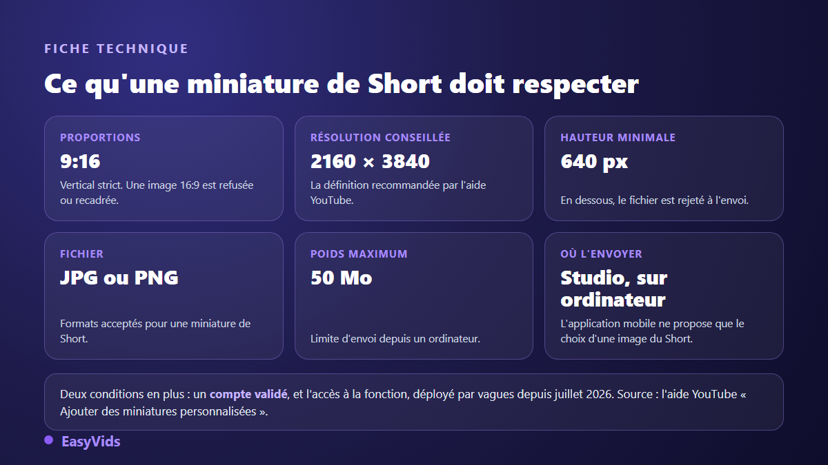 Fiche technique d'une miniature YouTube Shorts : format 9:16, 2160 x 3840 pixels, hauteur minimale 640 pixels, JPG ou PNG, 50 Mo maximum