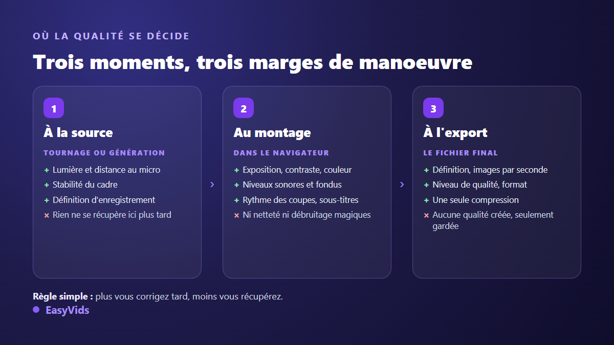 Les trois moments qui décident de la qualité d'une vidéo : la source, le montage dans le navigateur et l'export du fichier final