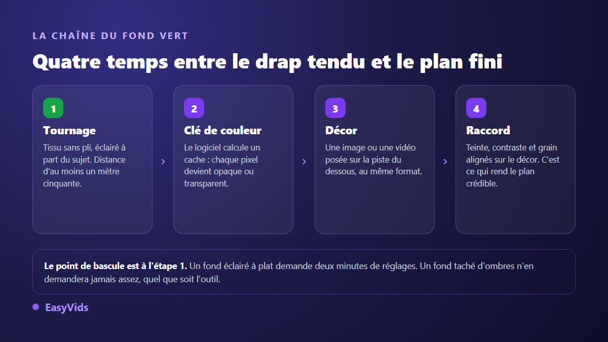 Les quatre étapes d'une incrustation sur fond vert en ligne : tournage, clé de couleur, décor, raccord