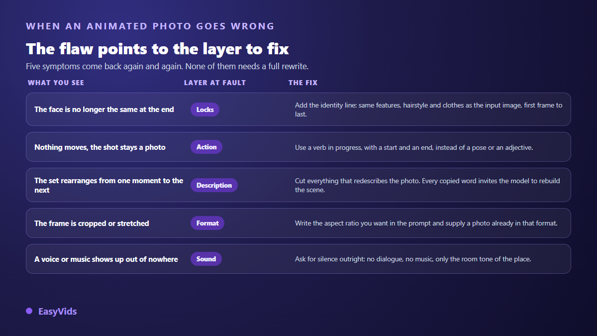 Diagnostic table of common AI animated photo defects and the prompt layer that fixes each one