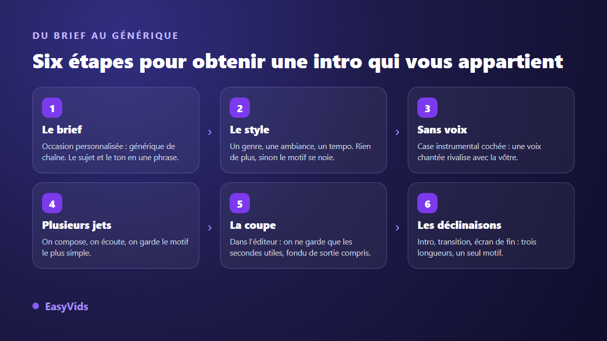 Les six étapes pour créer une musique d'intro YouTube avec l'IA, du brief aux déclinaisons