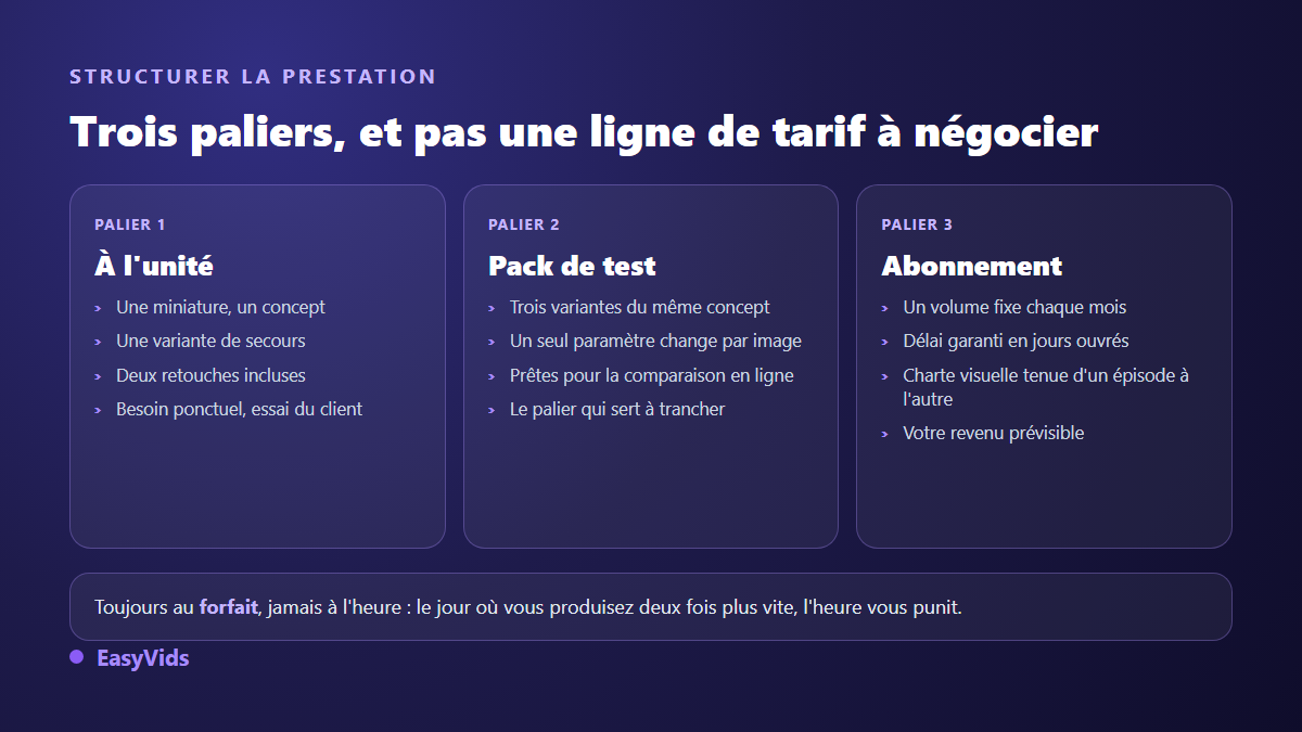 Trois paliers d'offre pour vendre des miniatures YouTube : commande à l'unité, pack de variantes à tester, abonnement mensuel