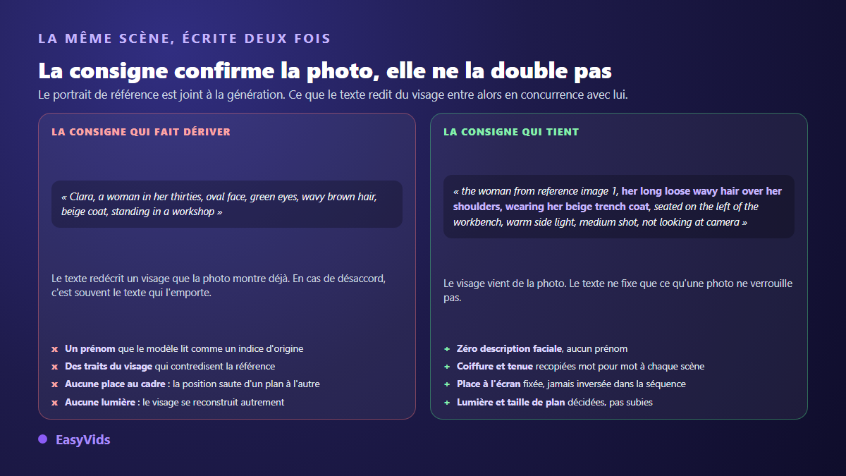 Deux consignes de scène comparées : l'une redécrit le visage et fait dériver le personnage IA, l'autre confirme l'image de référence