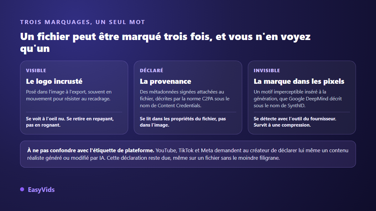 Trois formes de filigrane sur un avatar IA : logo visible, métadonnées de provenance et marque invisible dans les pixels