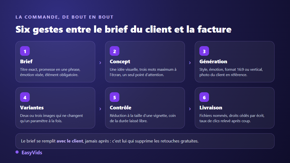 Les six étapes d'une commande de miniature YouTube : brief, concept, génération, variantes, contrôle en vignette et livraison