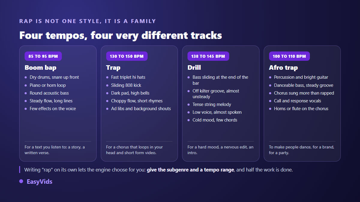 Four rap subgenres compared: boom bap, trap, drill and afro trap, with their tempo range and their instruments