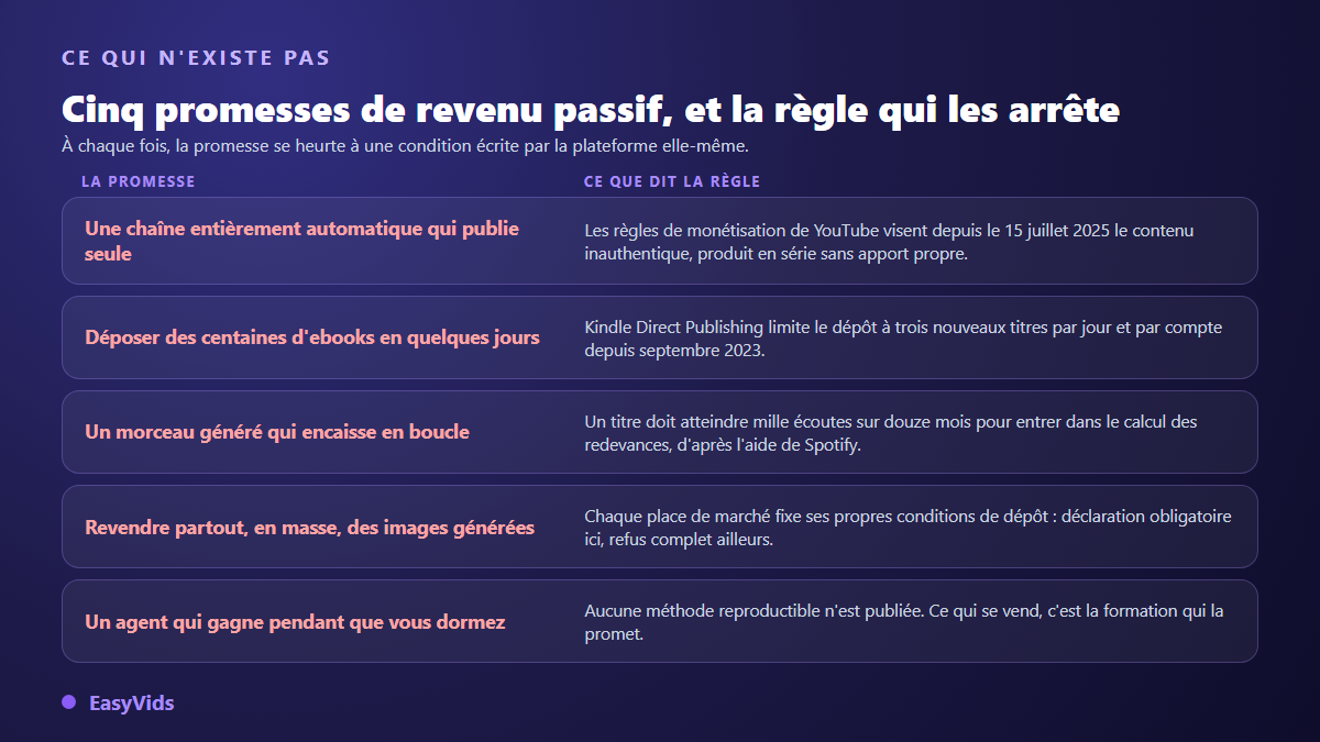 Cinq promesses de revenu passif avec l'IA et la règle de plateforme qui arrête chacune d'elles