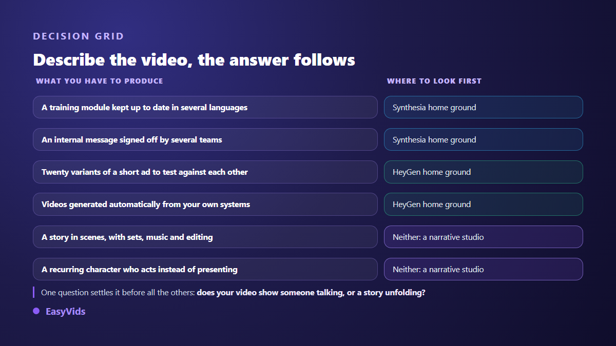 Decision grid between Synthesia, HeyGen and a narrative studio depending on the video you need