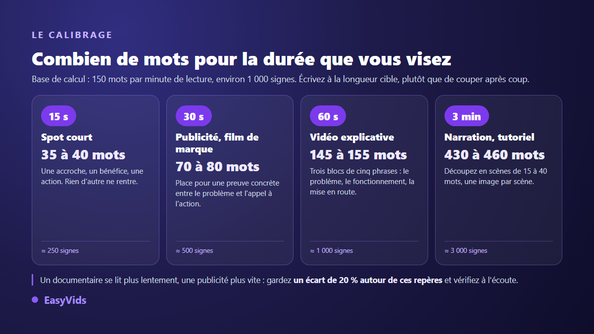 Tableau de calibrage d'un texte de voix off : durée visée, nombre de mots et nombre de signes