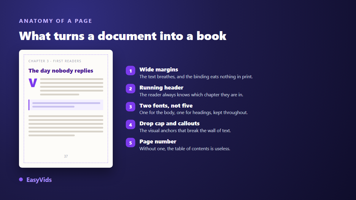 Anatomy of an ebook PDF page: margins, running head, drop cap, callout box and page number
