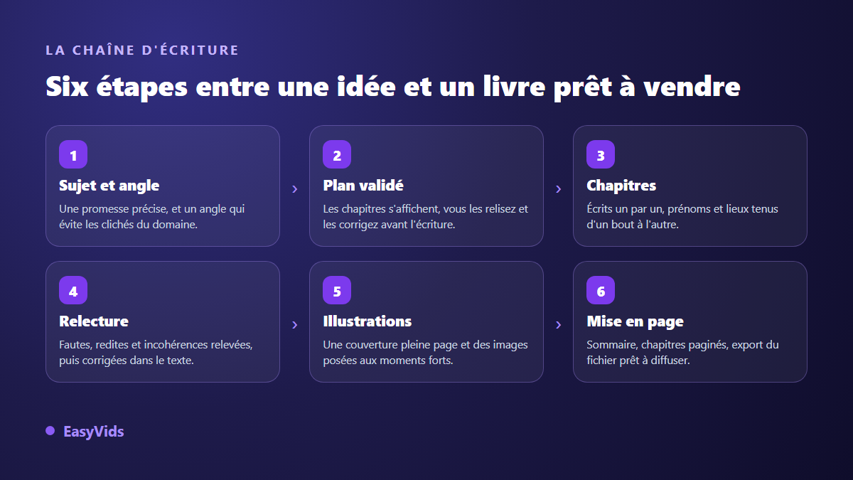 Les six étapes pour créer un ebook avec l'IA : sujet et angle, plan validé, chapitres, relecture, illustrations, mise en page