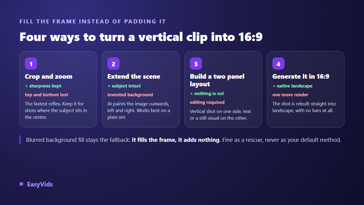 Four methods for converting a vertical video to a 16:9 aspect ratio: cropping, extending the scene, two panel layout, regeneration