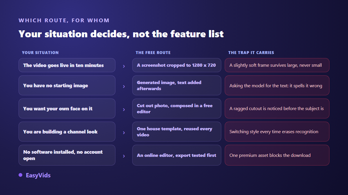 Decision grid for picking a free YouTube thumbnail route by situation, with the trap that comes with each one
