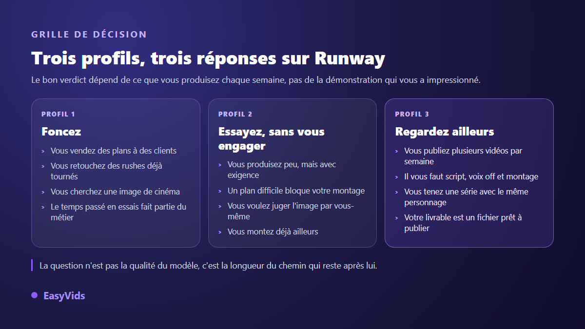 Grille de décision sur Runway : trois profils de créateurs et le verdict qui correspond à chacun